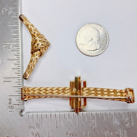 VTG Set of 2 Brooches 50s 60s Gold Tone Mesh Knot & Bar Mid Century Sculptural - Picture 10 of 12